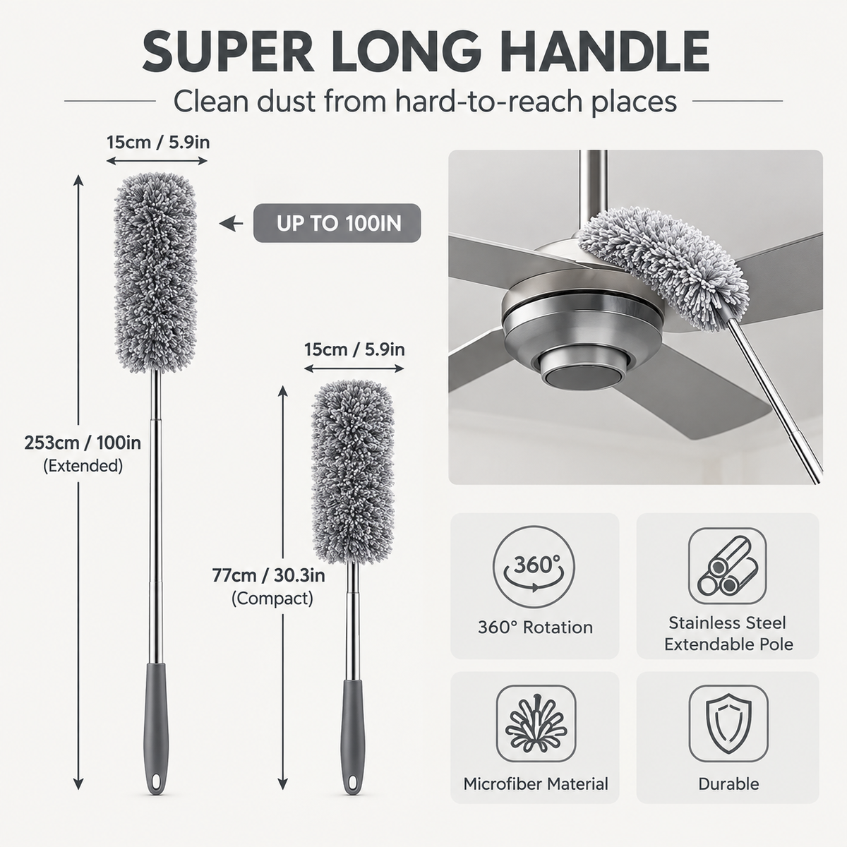 360° Rotating Extendable Microfiber Duster for Ceiling Fans & Hard-to-Reach Areas